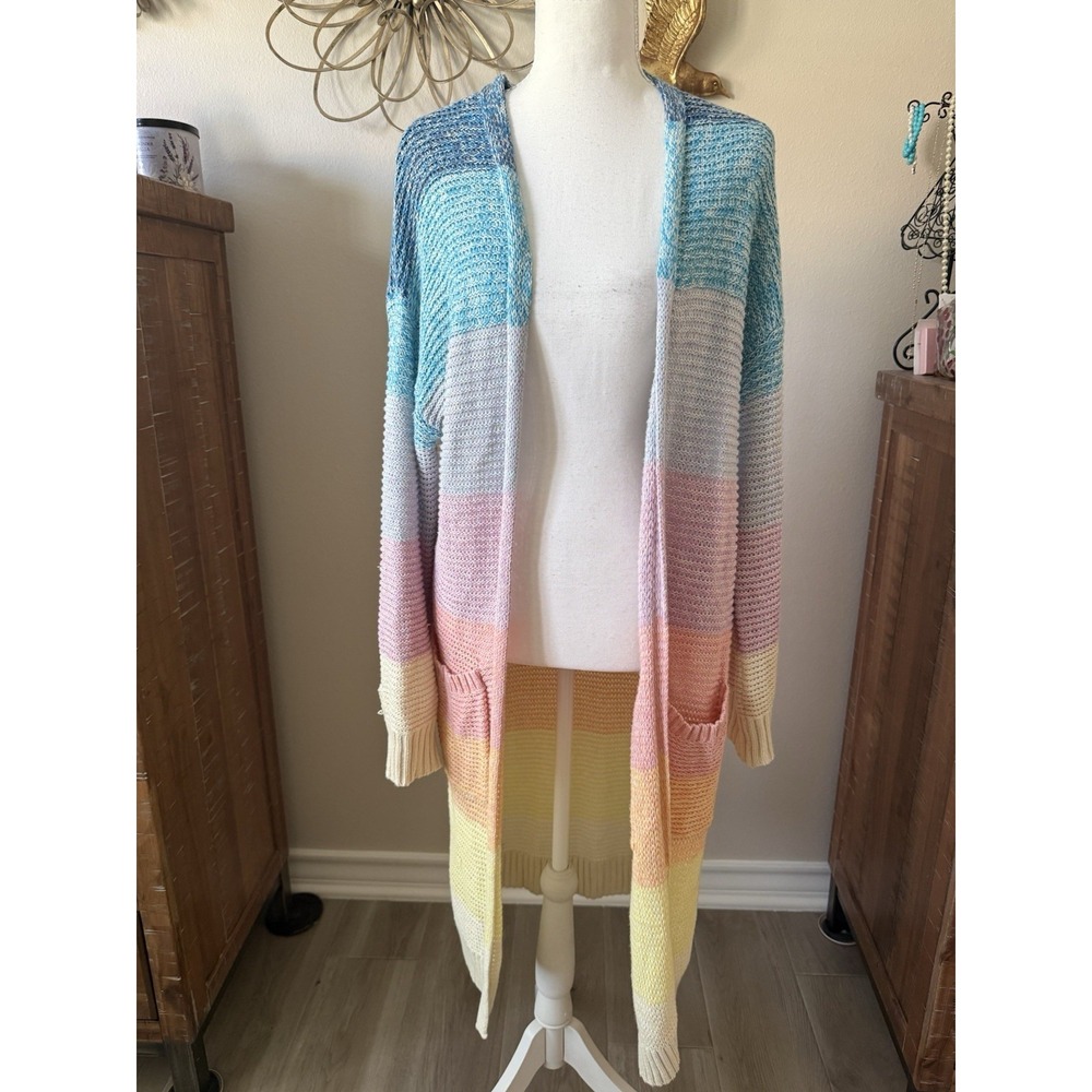 American Eagle Long Cardigan Small Pastel Colorblock Open Knit Duster Sweater